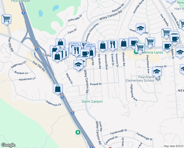 map of restaurants, bars, coffee shops, grocery stores, and more near 25142 Wiley Canyon Road in Santa Clarita