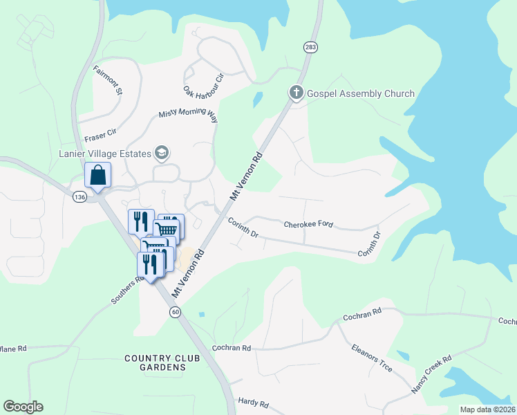 map of restaurants, bars, coffee shops, grocery stores, and more near 3709 Cherokee Ford in Gainesville