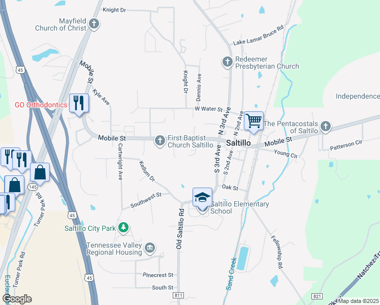 map of restaurants, bars, coffee shops, grocery stores, and more near 120 Ricky Dr in Saltillo