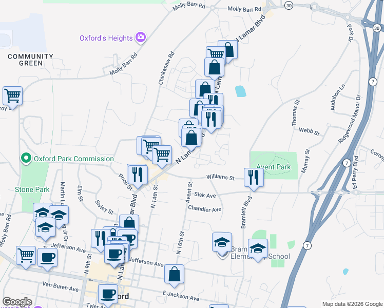 map of restaurants, bars, coffee shops, grocery stores, and more near 1200-1298 Pleasant Dr in Oxford