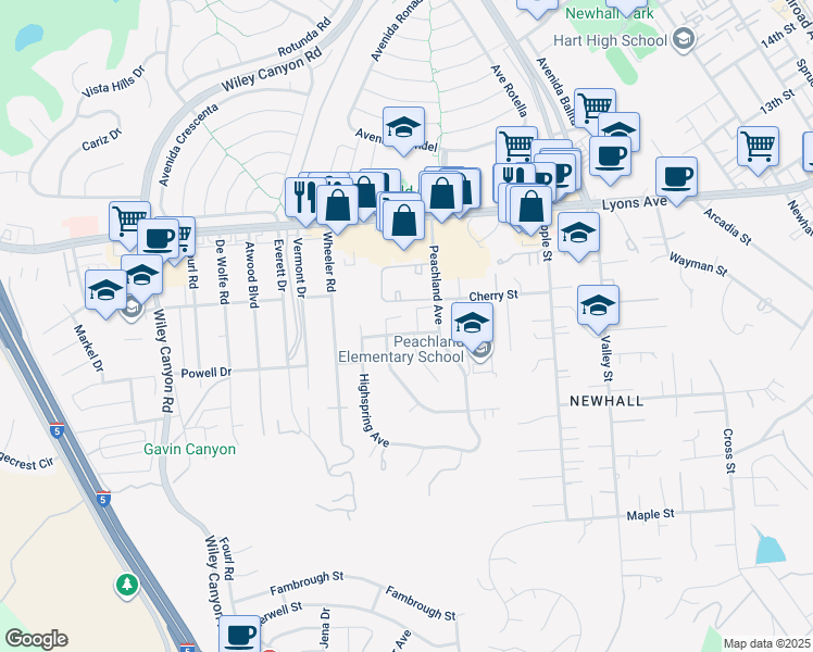 map of restaurants, bars, coffee shops, grocery stores, and more near 23637 Happy Valley Drive in Santa Clarita