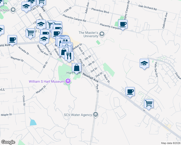 map of restaurants, bars, coffee shops, grocery stores, and more near 24101 Newhall Avenue in Santa Clarita