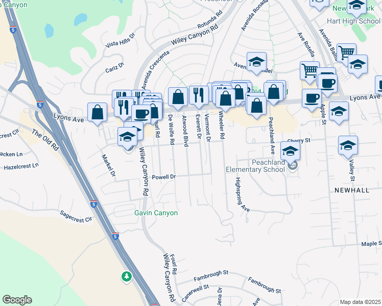 map of restaurants, bars, coffee shops, grocery stores, and more near 25150 Atwood Boulevard in Santa Clarita