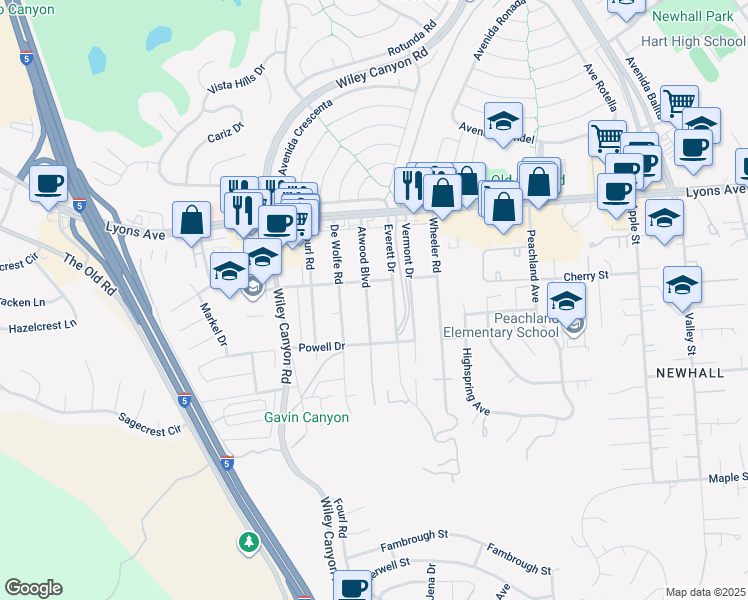 map of restaurants, bars, coffee shops, grocery stores, and more near 25150 Atwood Boulevard in Santa Clarita