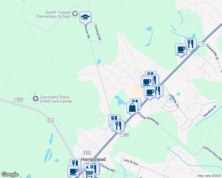 map of restaurants, bars, coffee shops, grocery stores, and more near 52 Daffodil Drive in Hampstead