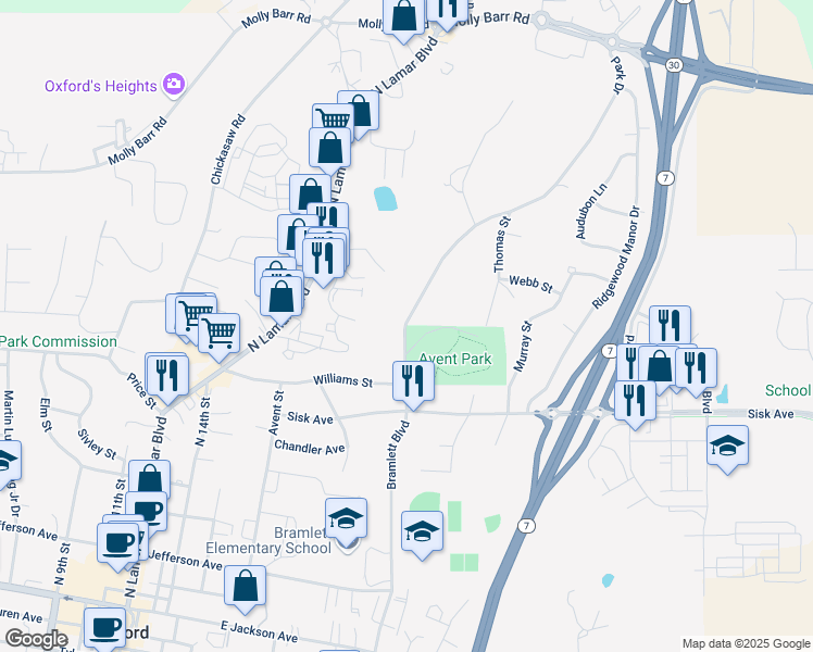map of restaurants, bars, coffee shops, grocery stores, and more near 201 Park Drive in Oxford