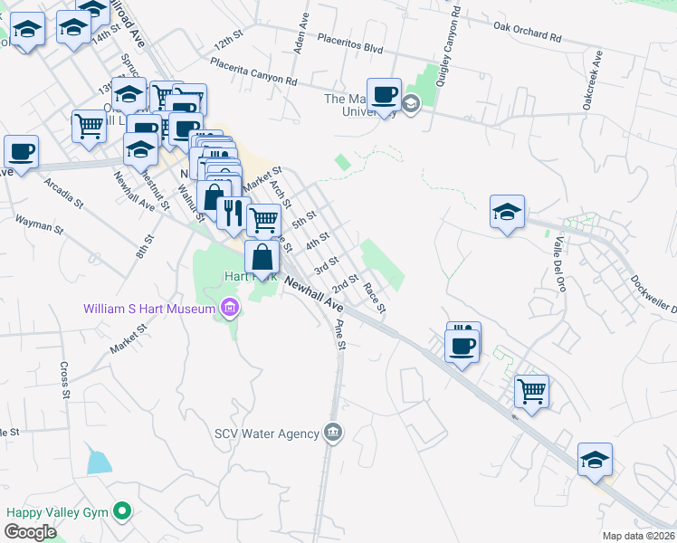 map of restaurants, bars, coffee shops, grocery stores, and more near 24043 Arch Street in Santa Clarita