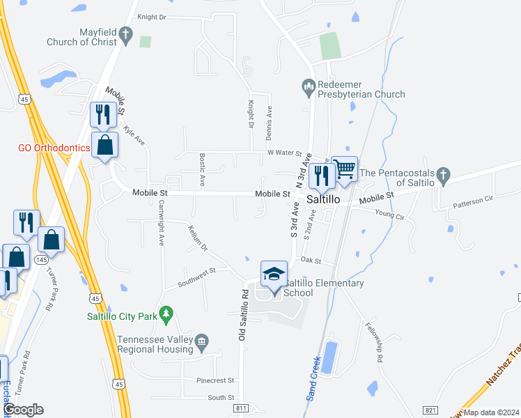 map of restaurants, bars, coffee shops, grocery stores, and more near 120 Ricky Dr in Saltillo