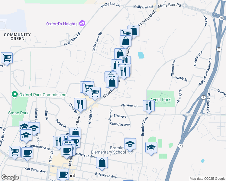 map of restaurants, bars, coffee shops, grocery stores, and more near 1200 Pleasant Drive in Oxford