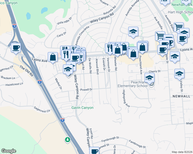 map of restaurants, bars, coffee shops, grocery stores, and more near 25157 Atwood Boulevard in Santa Clarita
