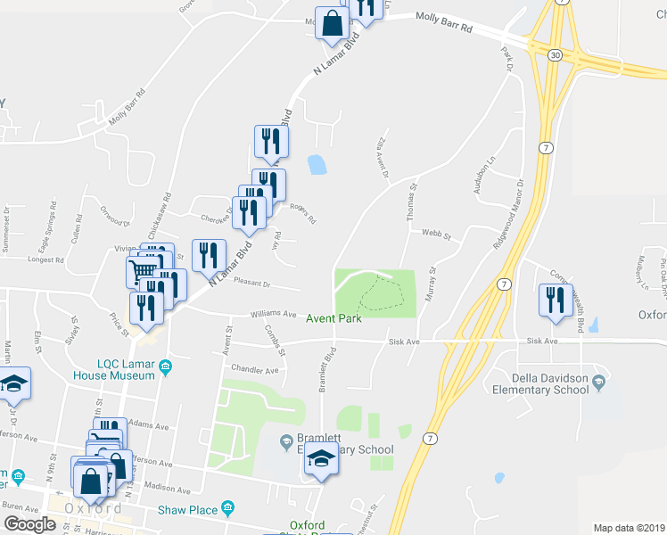 map of restaurants, bars, coffee shops, grocery stores, and more near 219 Park Drive in Oxford