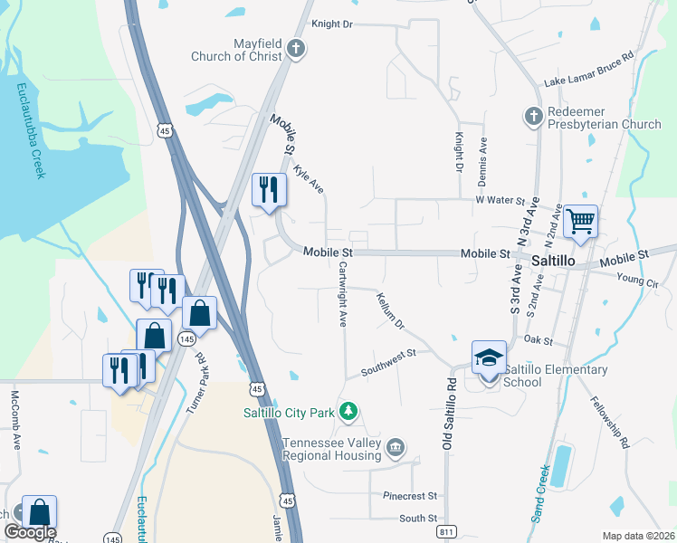 map of restaurants, bars, coffee shops, grocery stores, and more near 100-124 Kellum Drive in Saltillo