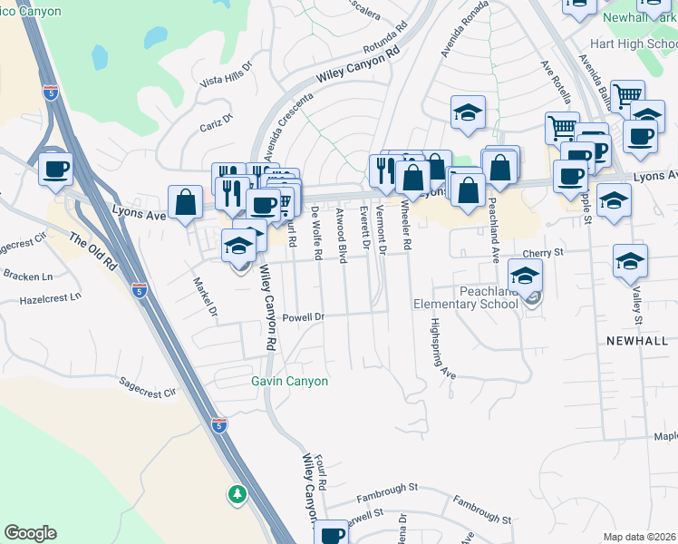 map of restaurants, bars, coffee shops, grocery stores, and more near 25157 Atwood Boulevard in Santa Clarita