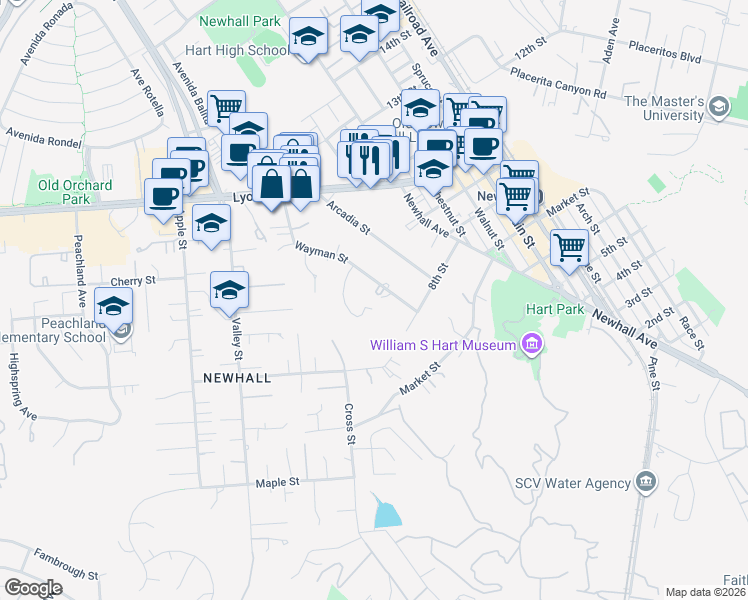 map of restaurants, bars, coffee shops, grocery stores, and more near 24501 Breckenridge Place in Santa Clarita