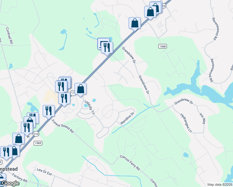 map of restaurants, bars, coffee shops, grocery stores, and more near 576 Loblolly Trail in Hampstead
