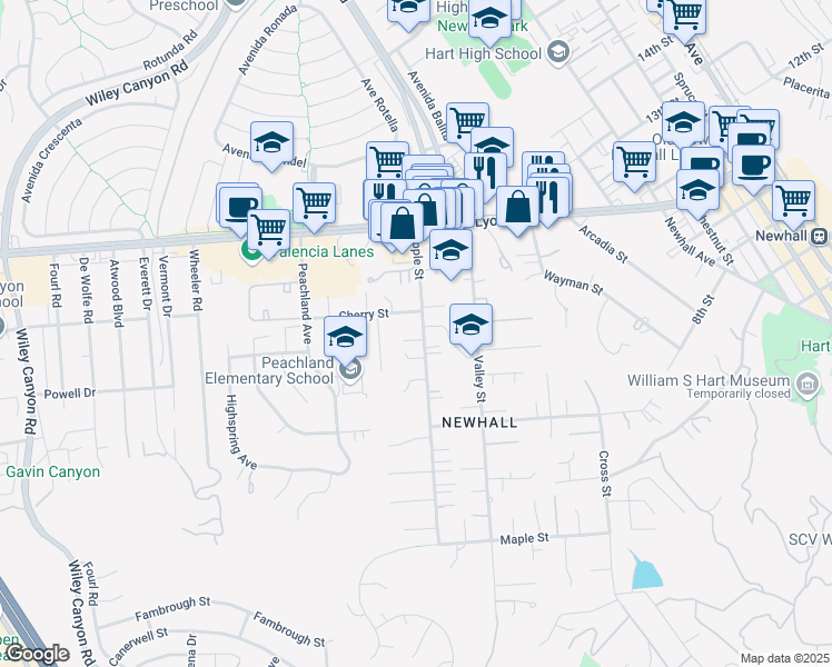 map of restaurants, bars, coffee shops, grocery stores, and more near 24714 Apple Street in Santa Clarita