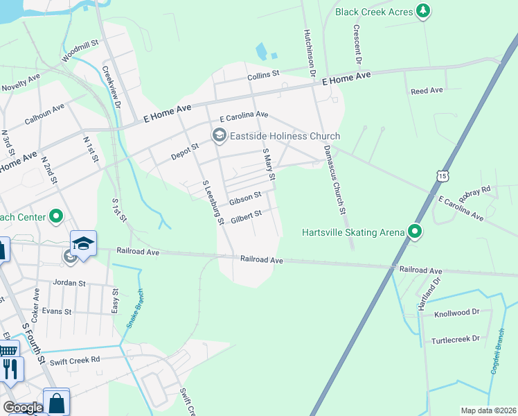 map of restaurants, bars, coffee shops, grocery stores, and more near 903 Gilbert Street in Hartsville