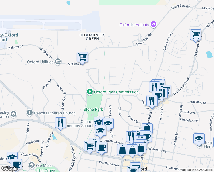 map of restaurants, bars, coffee shops, grocery stores, and more near 729 Martin Luther King Junior Circle in Oxford