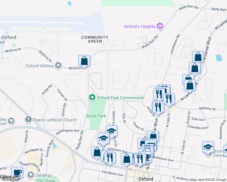 map of restaurants, bars, coffee shops, grocery stores, and more near 502 Summerset Drive in Oxford