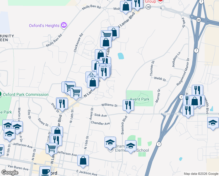 map of restaurants, bars, coffee shops, grocery stores, and more near 1217 Ivy Road in Oxford