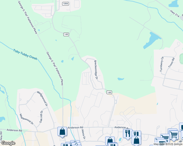 map of restaurants, bars, coffee shops, grocery stores, and more near 129 Breckenridge Drive in Oxford