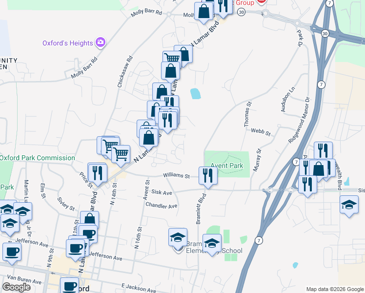 map of restaurants, bars, coffee shops, grocery stores, and more near 1217 Ivy Road in Oxford