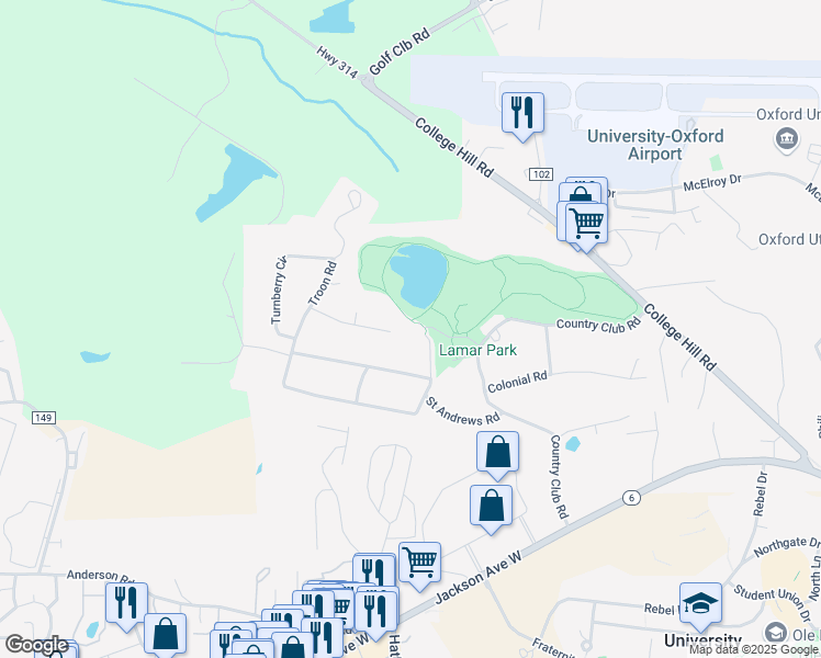 map of restaurants, bars, coffee shops, grocery stores, and more near Lamar Park Path, Lake Patsy W. Path in Oxford