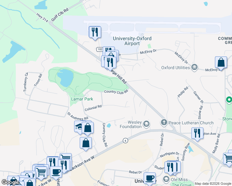 map of restaurants, bars, coffee shops, grocery stores, and more near 100-298 Country Club Road in Oxford