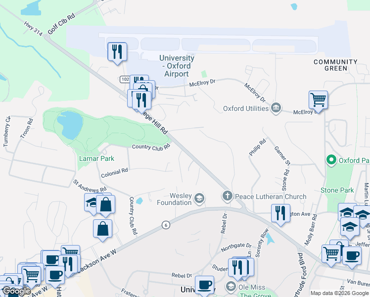 map of restaurants, bars, coffee shops, grocery stores, and more near College Hill Road in Oxford