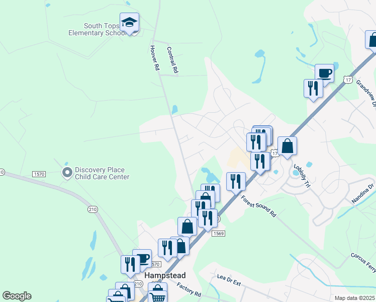 map of restaurants, bars, coffee shops, grocery stores, and more near 386 Hoover Road in Hampstead