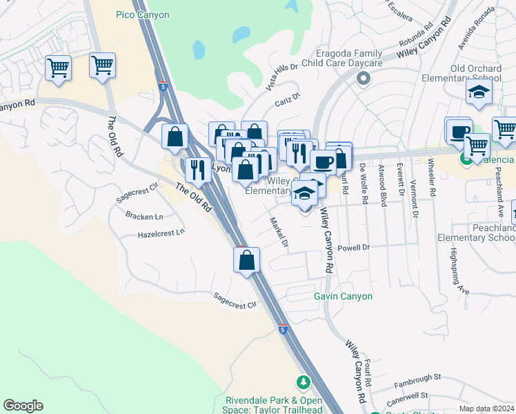 map of restaurants, bars, coffee shops, grocery stores, and more near 25213 Markel Drive in Santa Clarita
