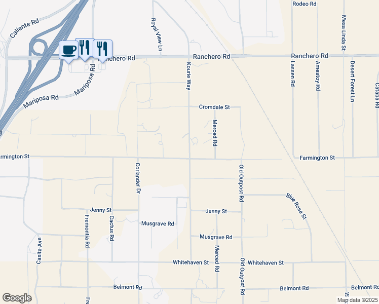 map of restaurants, bars, coffee shops, grocery stores, and more near Kourie Way in Oak Hills