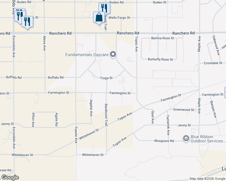 map of restaurants, bars, coffee shops, grocery stores, and more near 6965 Bandicoot Trail in Hesperia