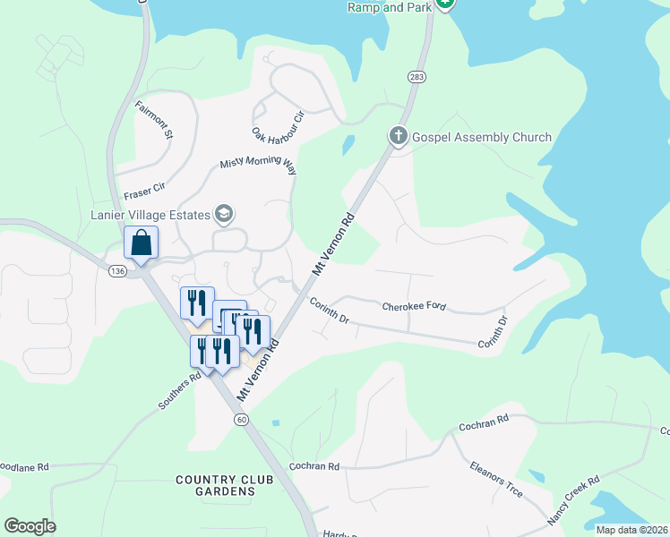 map of restaurants, bars, coffee shops, grocery stores, and more near 3726 Mount Vernon Road in Gainesville