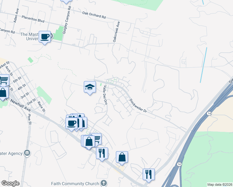 map of restaurants, bars, coffee shops, grocery stores, and more near 21339 Ficus Drive in Santa Clarita