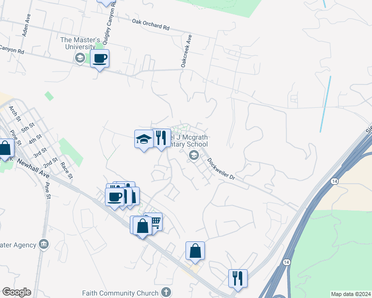 map of restaurants, bars, coffee shops, grocery stores, and more near 21339 Ficus Drive in Santa Clarita