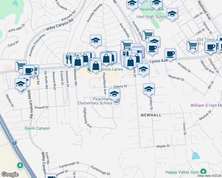map of restaurants, bars, coffee shops, grocery stores, and more near 23540 Cherry Street in Santa Clarita