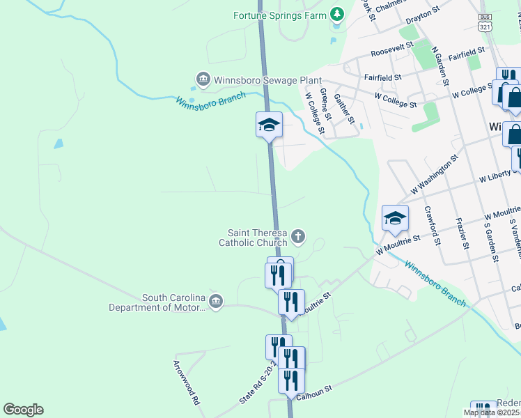 map of restaurants, bars, coffee shops, grocery stores, and more near 22 Sycamore Street in Winnsboro