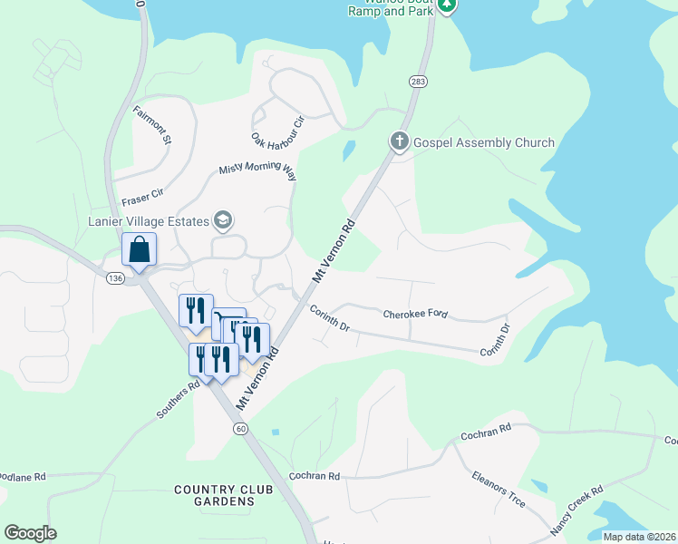 map of restaurants, bars, coffee shops, grocery stores, and more near 3726 Mount Vernon Road in Gainesville