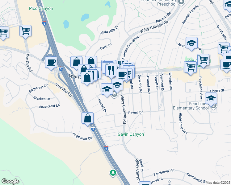 map of restaurants, bars, coffee shops, grocery stores, and more near 24233 La Glorita Circle in Santa Clarita