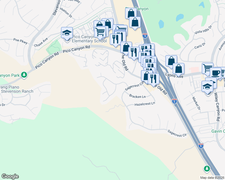 map of restaurants, bars, coffee shops, grocery stores, and more near 24948 Smokewood Way in Stevenson Ranch