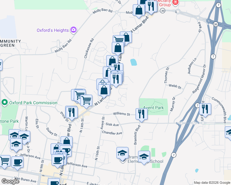 map of restaurants, bars, coffee shops, grocery stores, and more near 1201-1221 Ivy Rd in Oxford