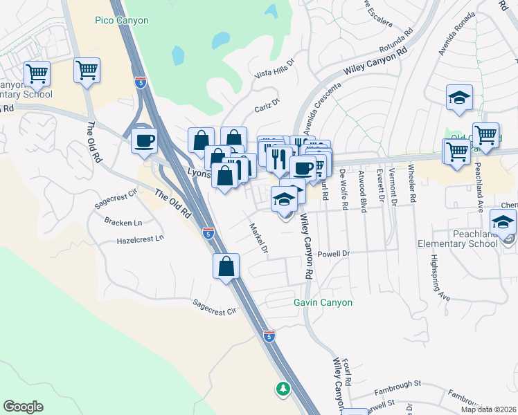 map of restaurants, bars, coffee shops, grocery stores, and more near 24373 La Glorita Circle in Santa Clarita