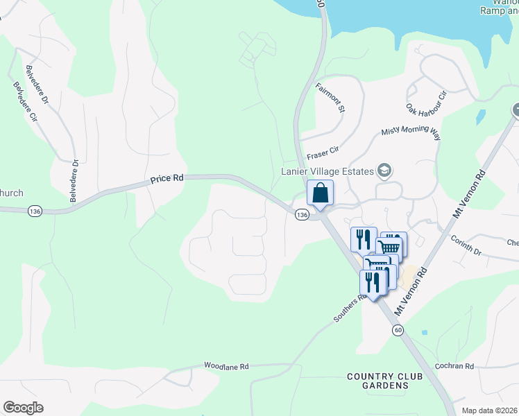 map of restaurants, bars, coffee shops, grocery stores, and more near 3772 Walnut Grove Way in Gainesville