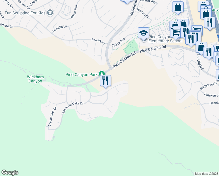 map of restaurants, bars, coffee shops, grocery stores, and more near 25525 Magnolia Lane in Stevenson Ranch
