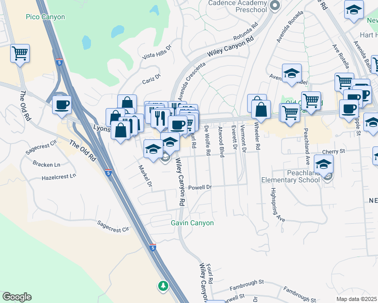 map of restaurants, bars, coffee shops, grocery stores, and more near 24115 Evans Avenue in Santa Clarita