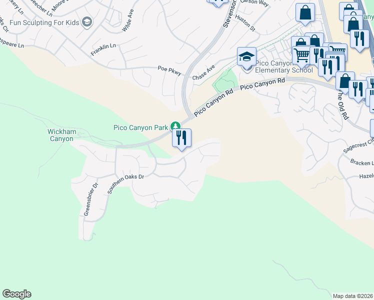 map of restaurants, bars, coffee shops, grocery stores, and more near 25525 Magnolia Lane in Stevenson Ranch