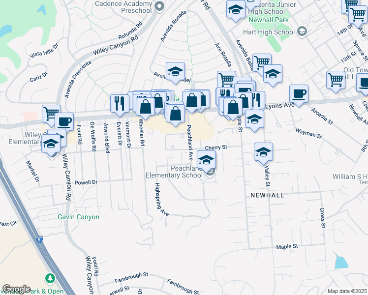 map of restaurants, bars, coffee shops, grocery stores, and more near 25011 Peachland Avenue in Santa Clarita