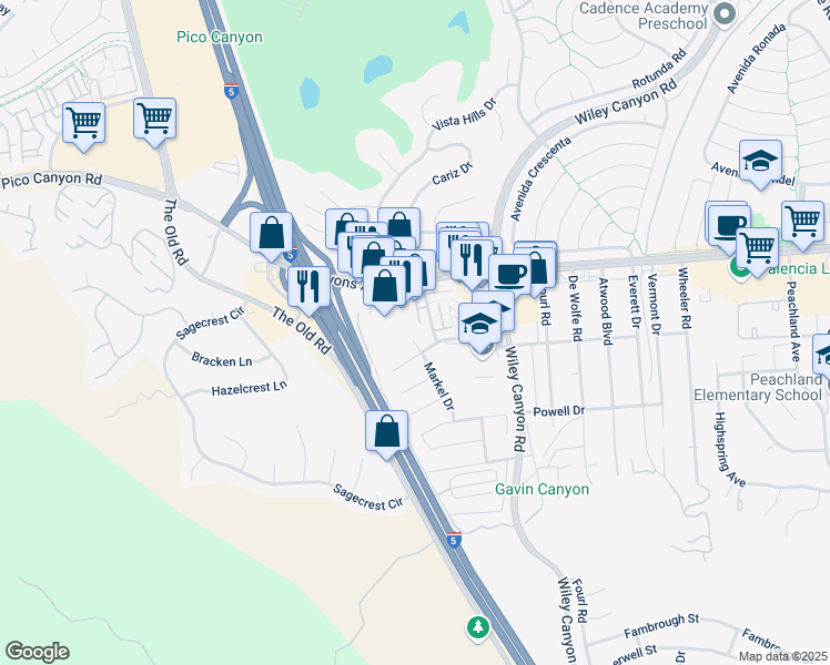 map of restaurants, bars, coffee shops, grocery stores, and more near 25216 Markel Drive in Santa Clarita