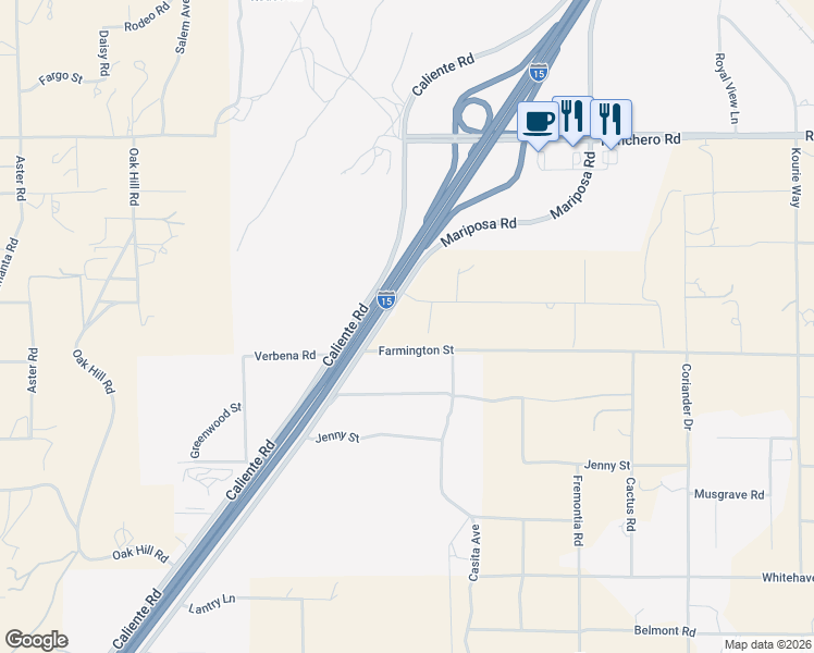 map of restaurants, bars, coffee shops, grocery stores, and more near 6950 Oak View Court in Hesperia